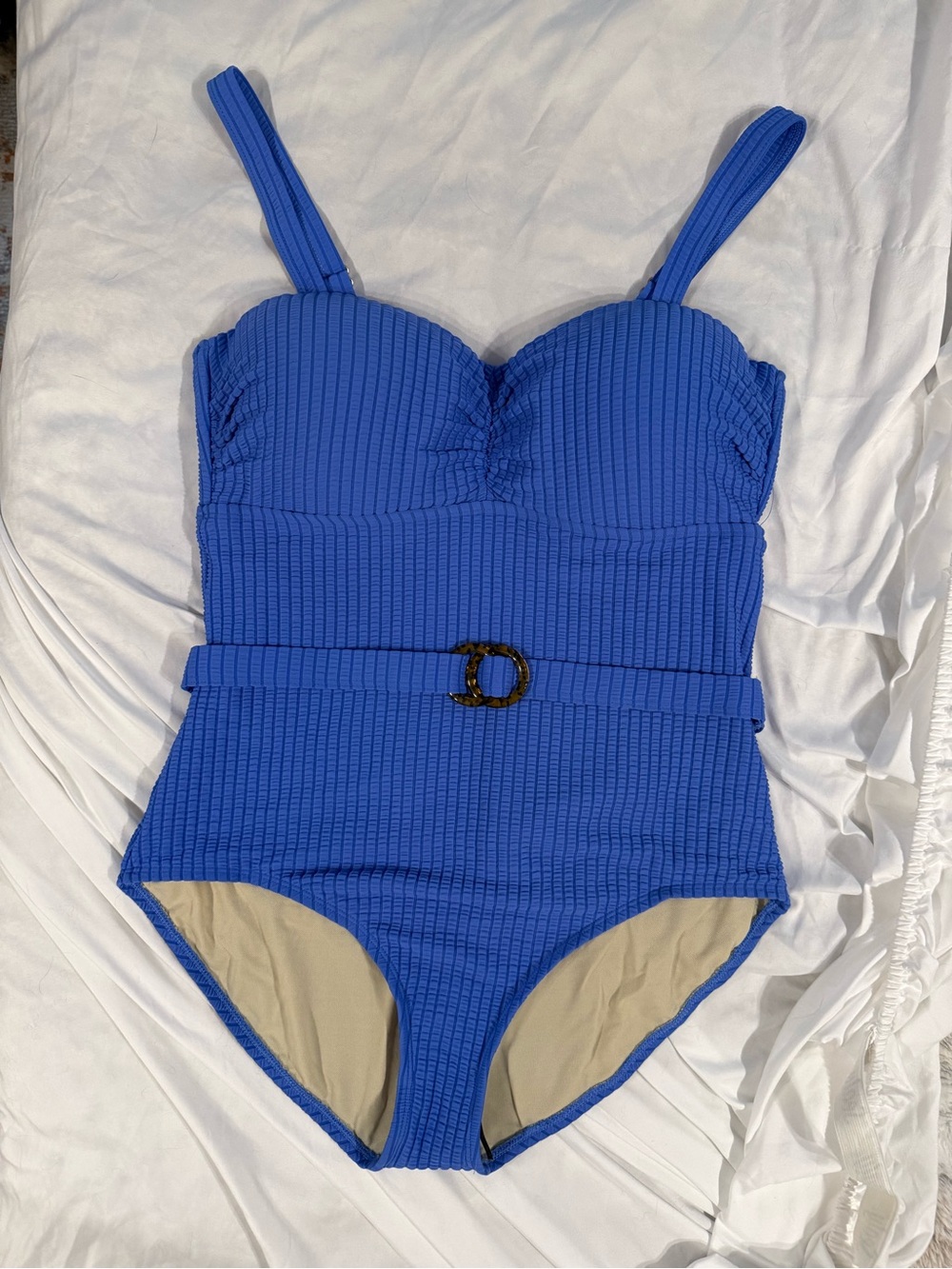 NWOT Susan Graver Ribbed Cobalt Blue One-Piece with Decorative Tortoise Belt